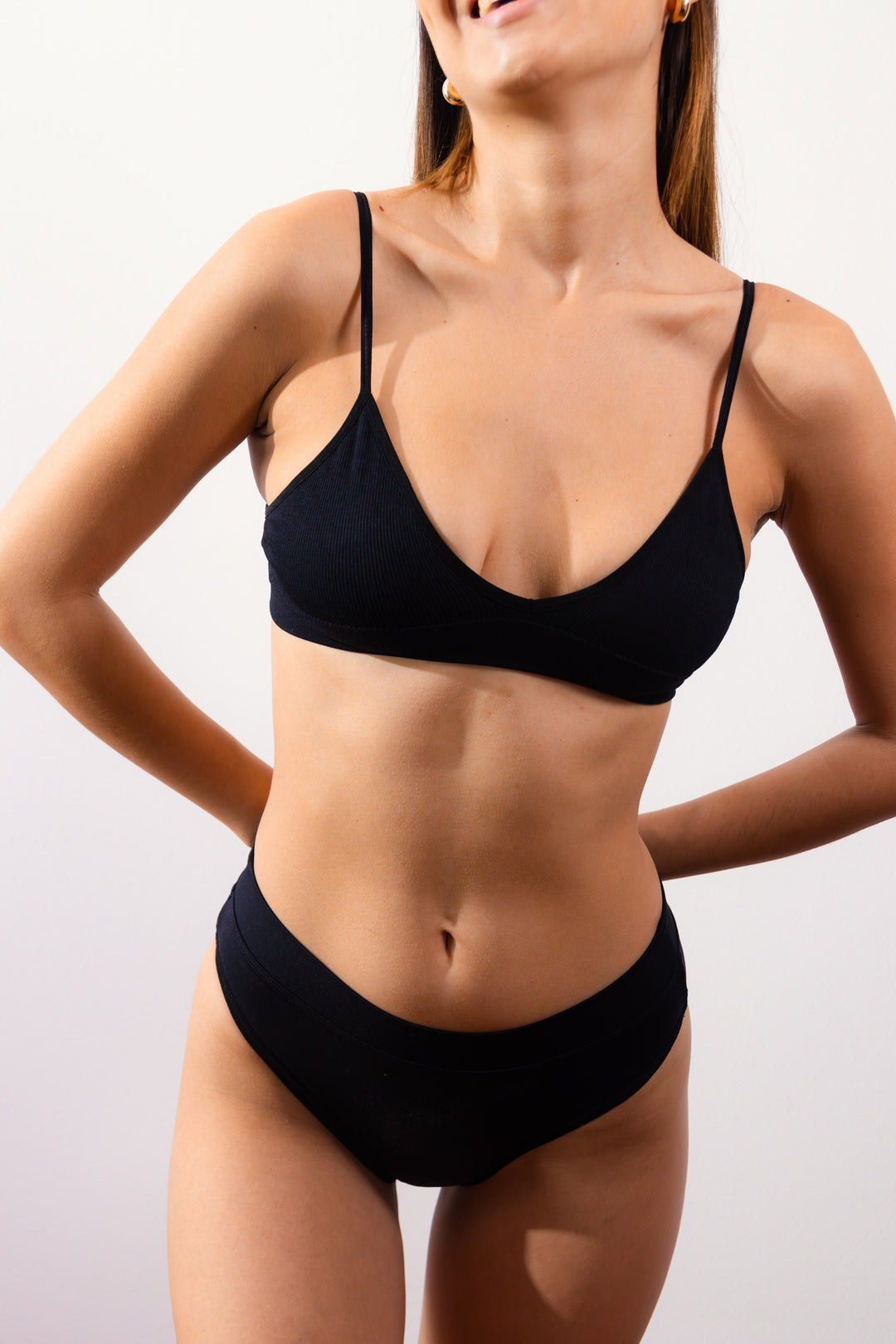 Black triangle bralette, thin V-neck straps and soft triangular cups
