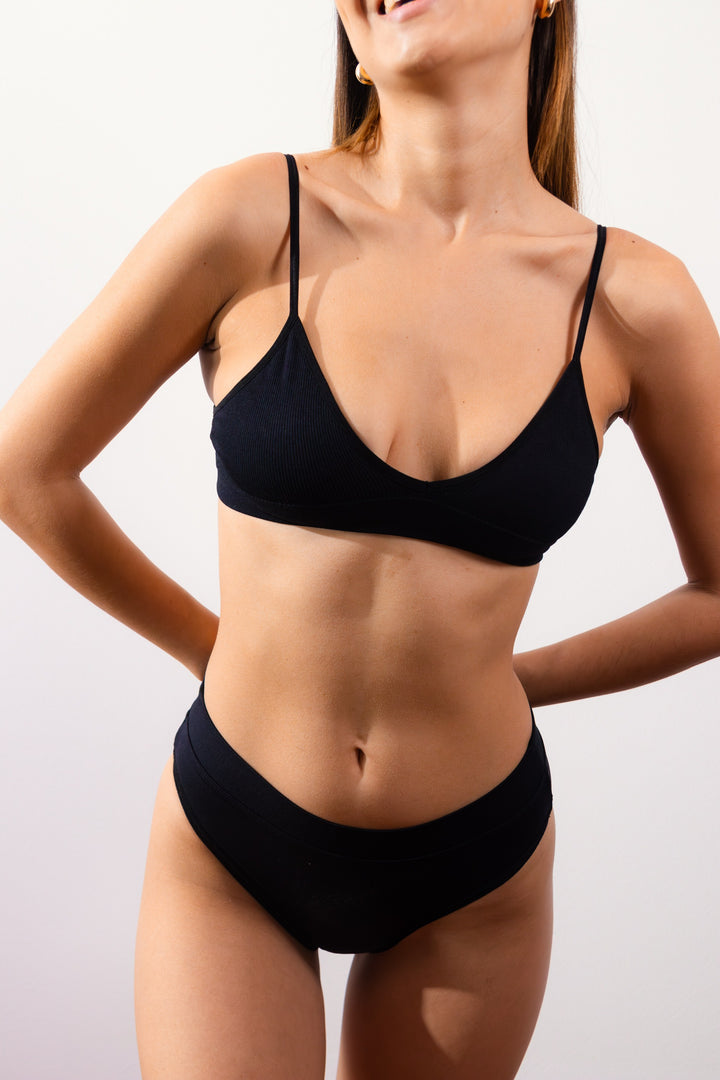 Black triangle bralette, thin V-neck straps and soft triangular cups