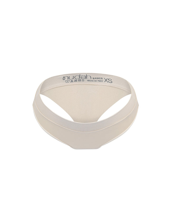 Light bikini bottom in light beige with branded waistband label