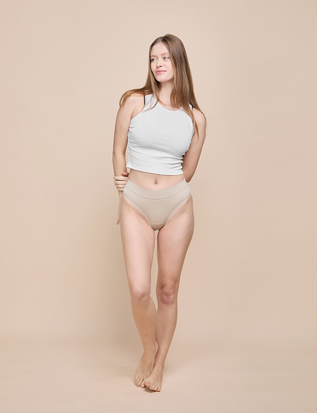 Light bikini with light gray tank top and light beige high-waist bottom