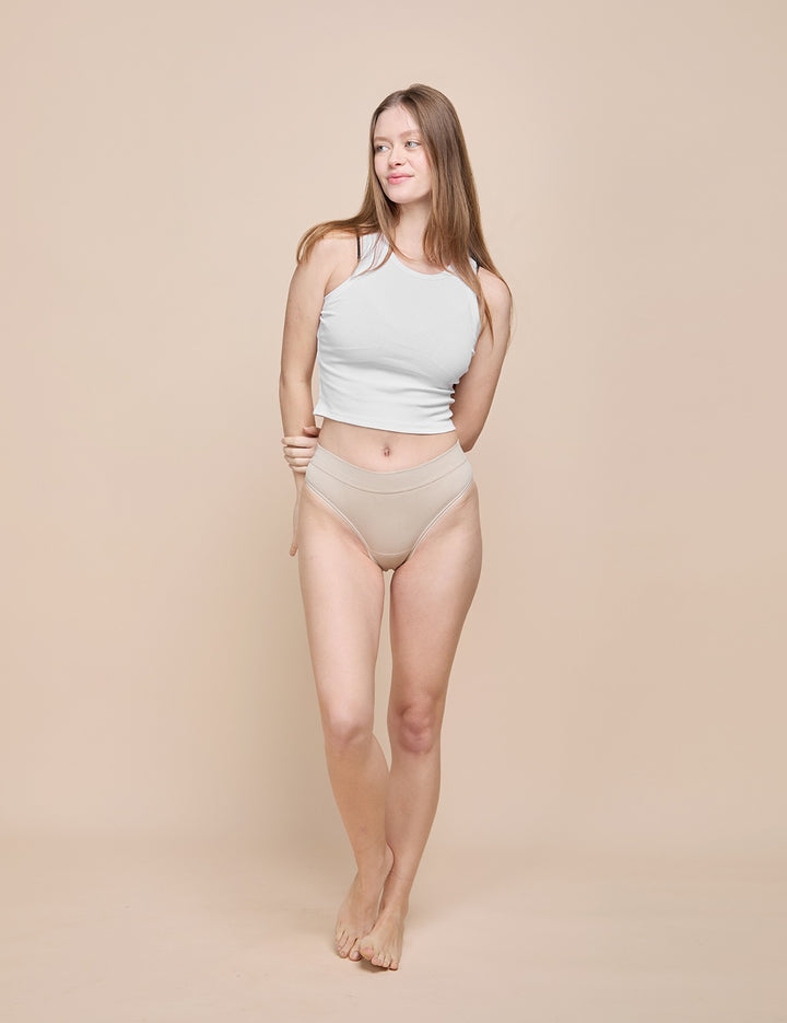 Light bikini with light gray tank top and light beige high-waist bottom