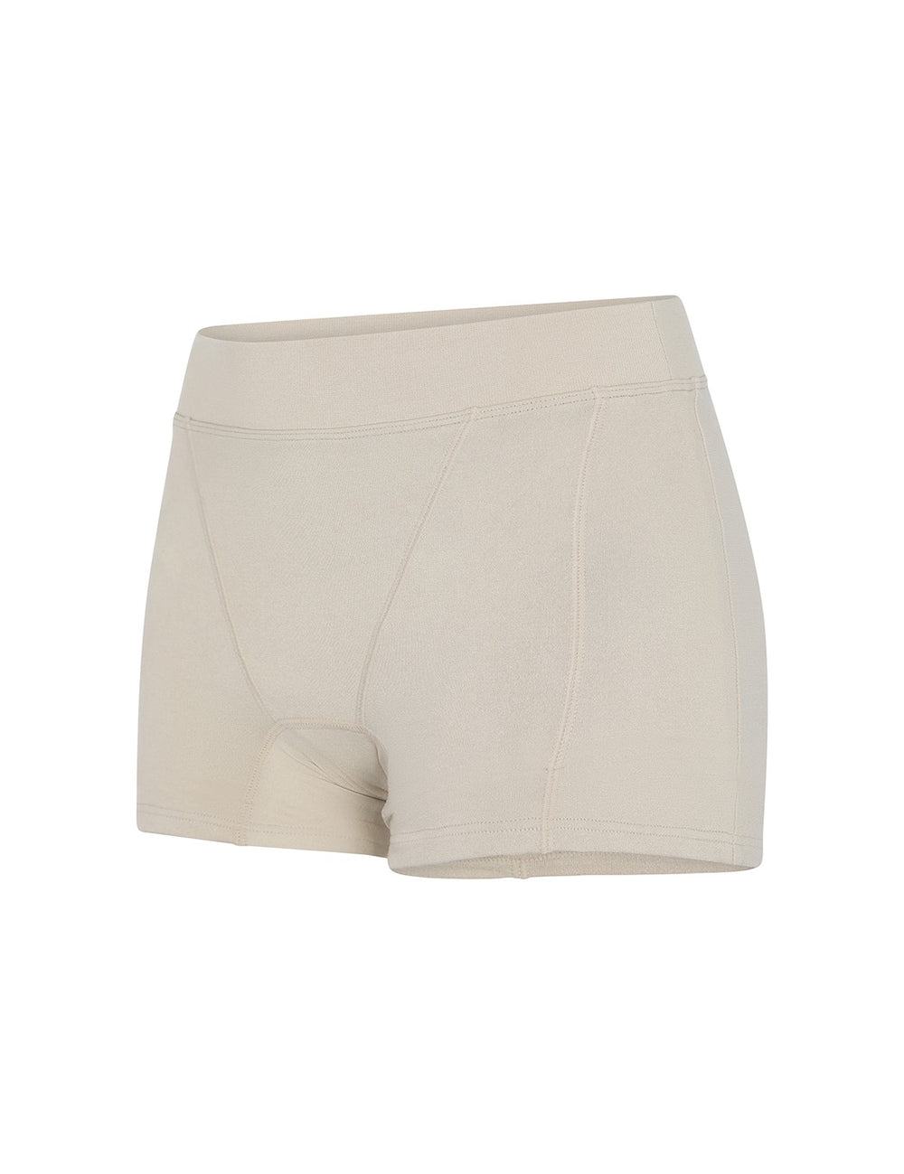 Beige boxer-style shorts with contoured seams and short leg length