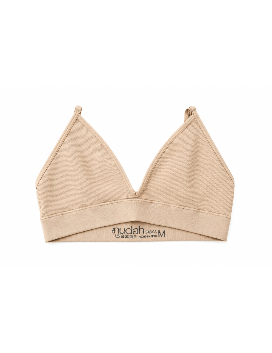 Beige triangle bralette with V-shaped cups and interior size label