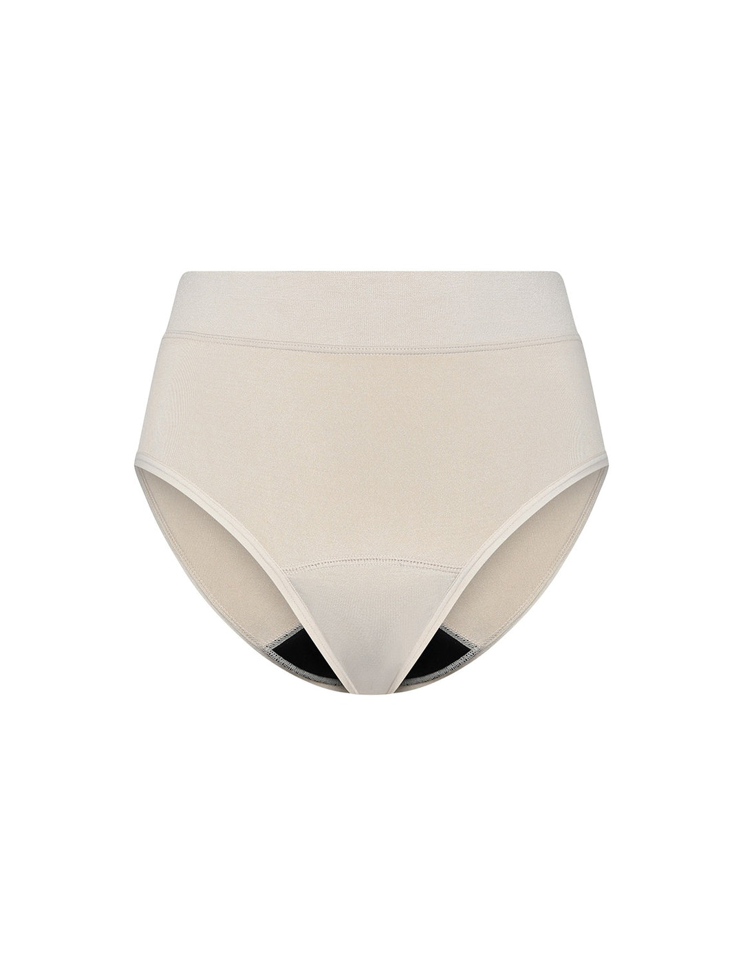 Heavy absorbency bikini in beige, front view with black-lined leg openings