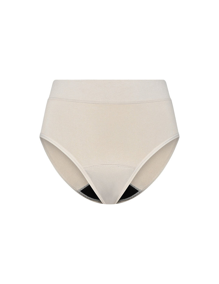 Heavy absorbency bikini in beige, front view with black-lined leg openings