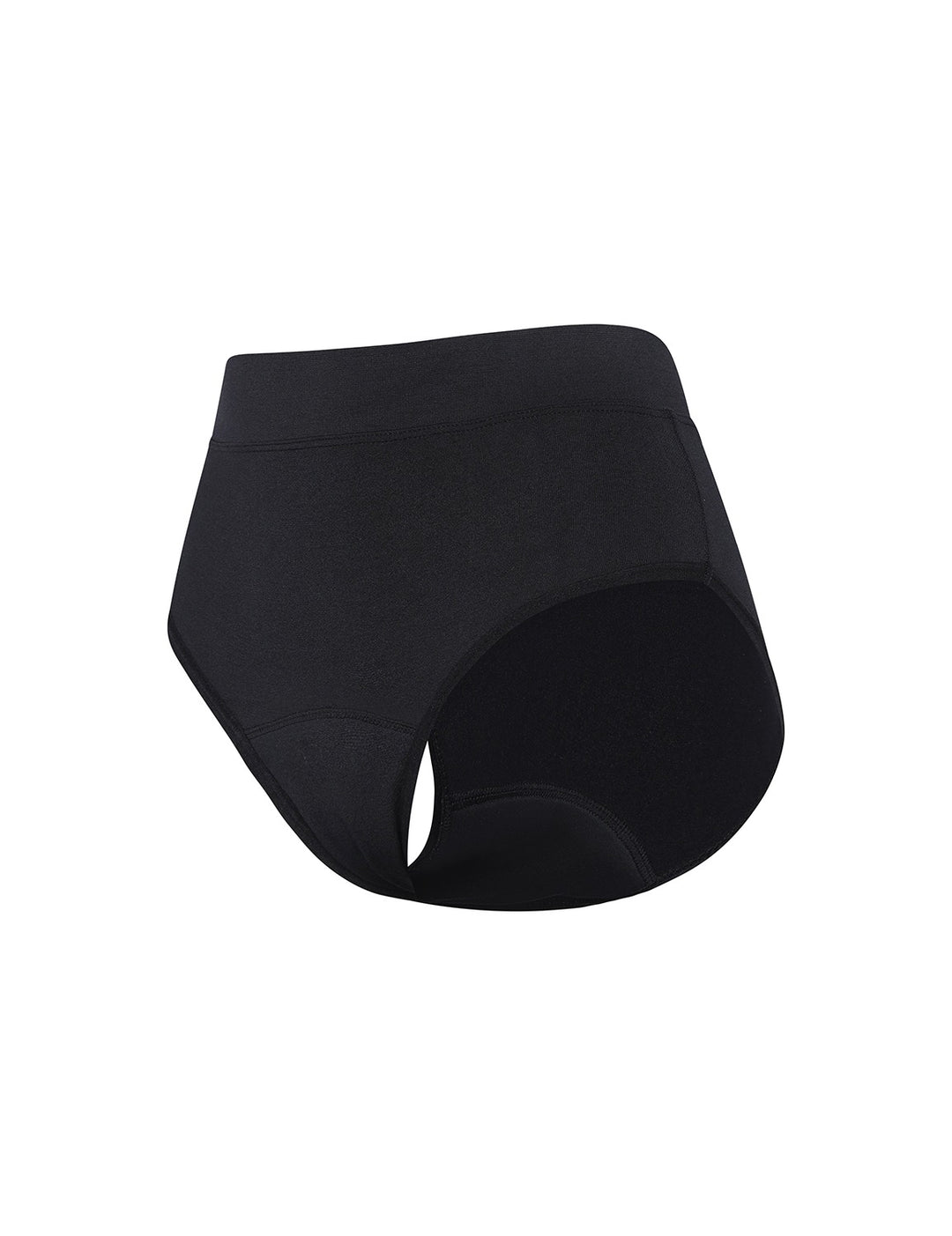 Heavy absorbency bikini in black, angled view with curved high-rise waistband