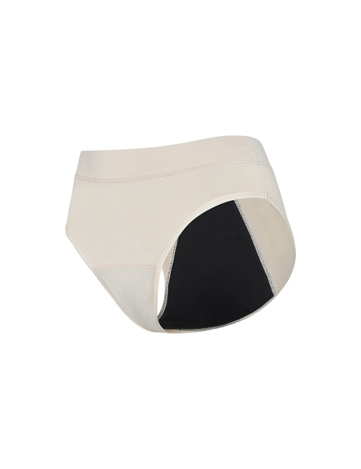 Heavy absorbency brief in beige, angled back view with black-lined inner panel