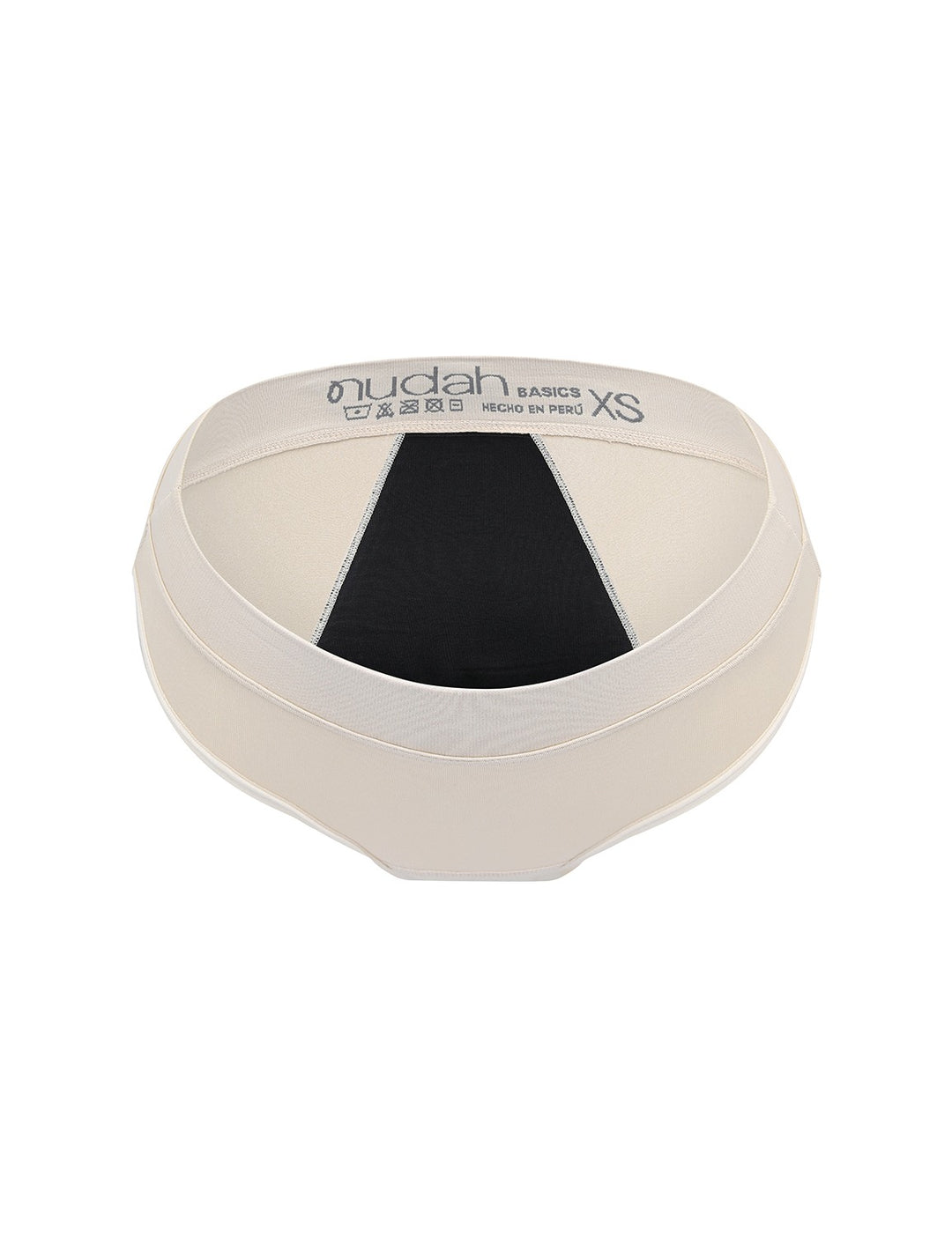Heavy absorbency brief in beige, top view with black absorbent panel