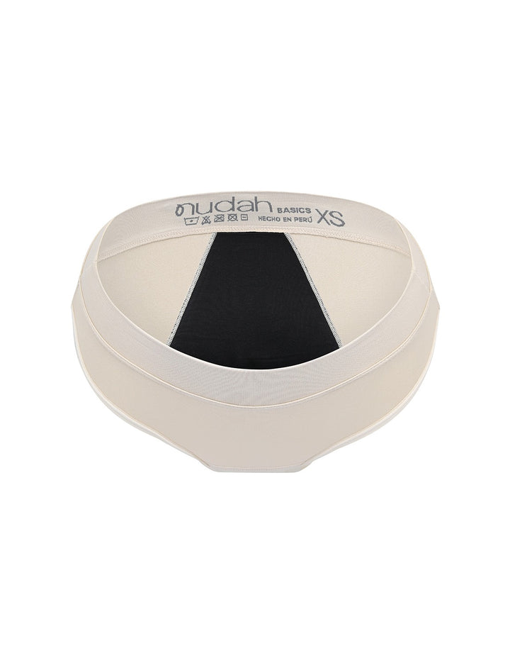 Heavy absorbency brief in beige, top view with black absorbent panel