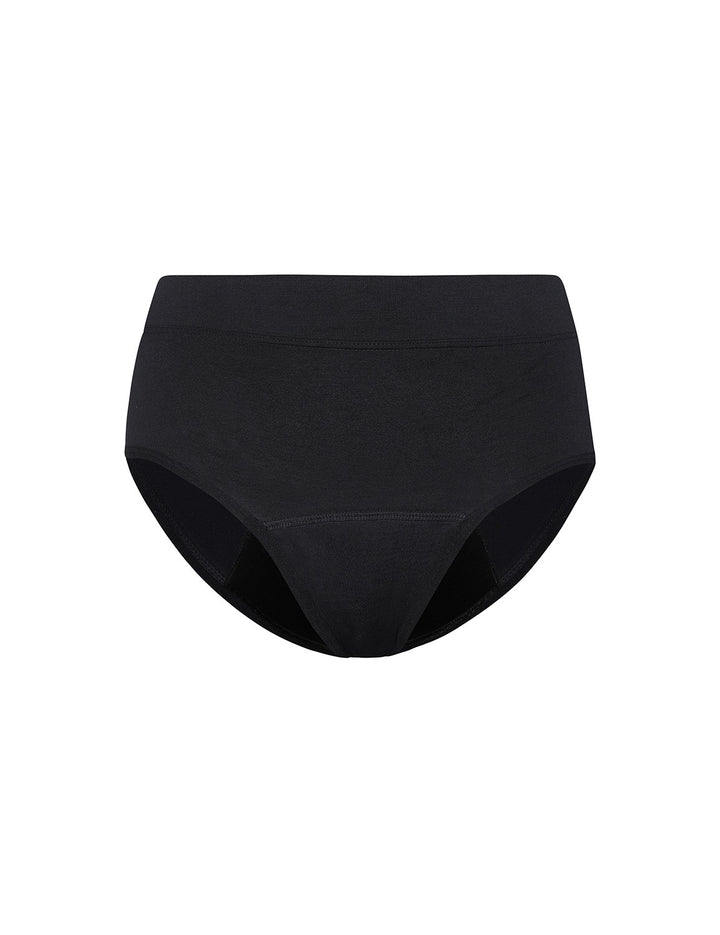 Heavy absorbency brief in black, front view with full-coverage fit