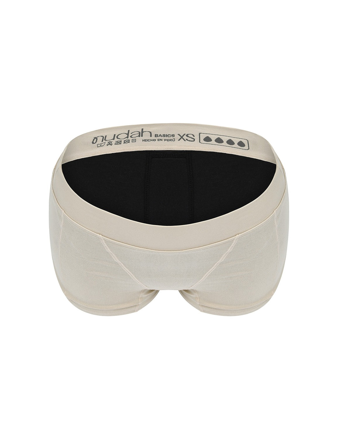 Heavy absorbency short in beige, top view with back coverage and inner lining