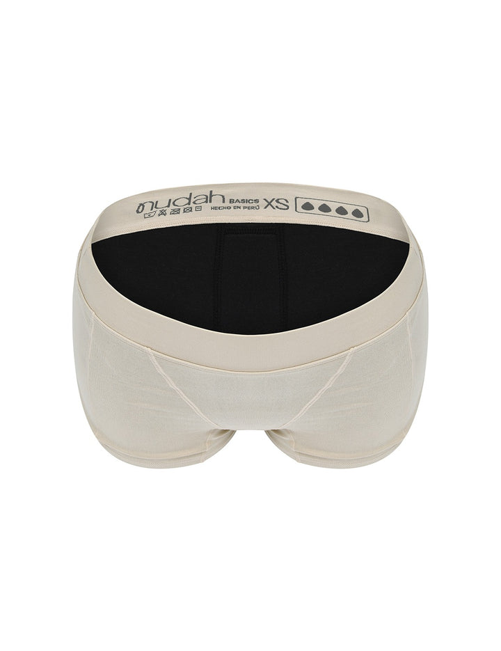 Heavy absorbency short in beige, top view with back coverage and inner lining
