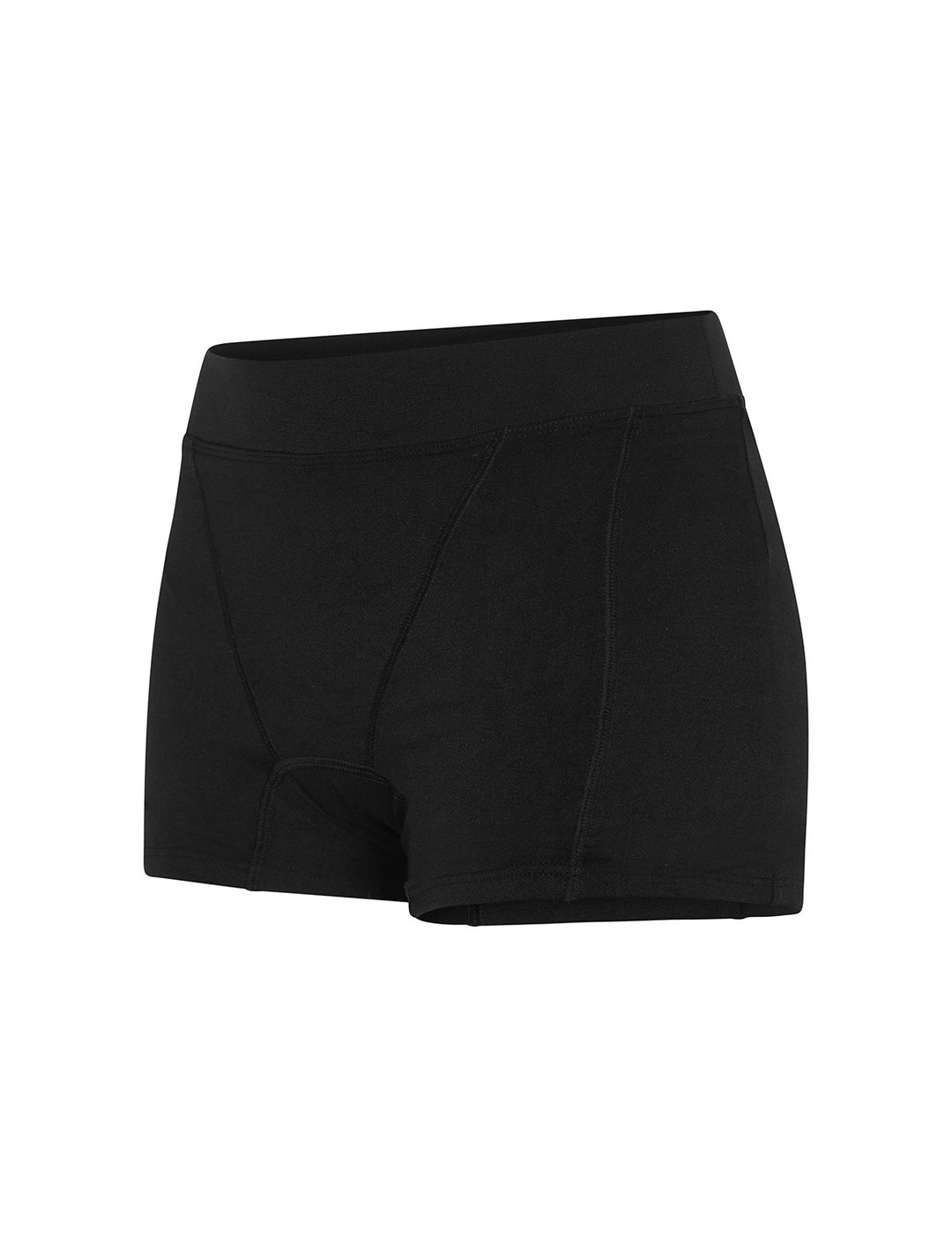 Heavy absorbency short in black, angled view with contoured seams