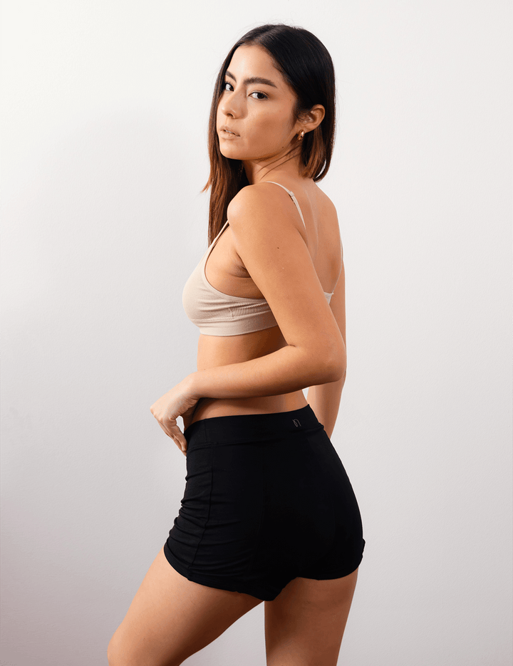 Black heavy absorbency short, high-waist fit, side view