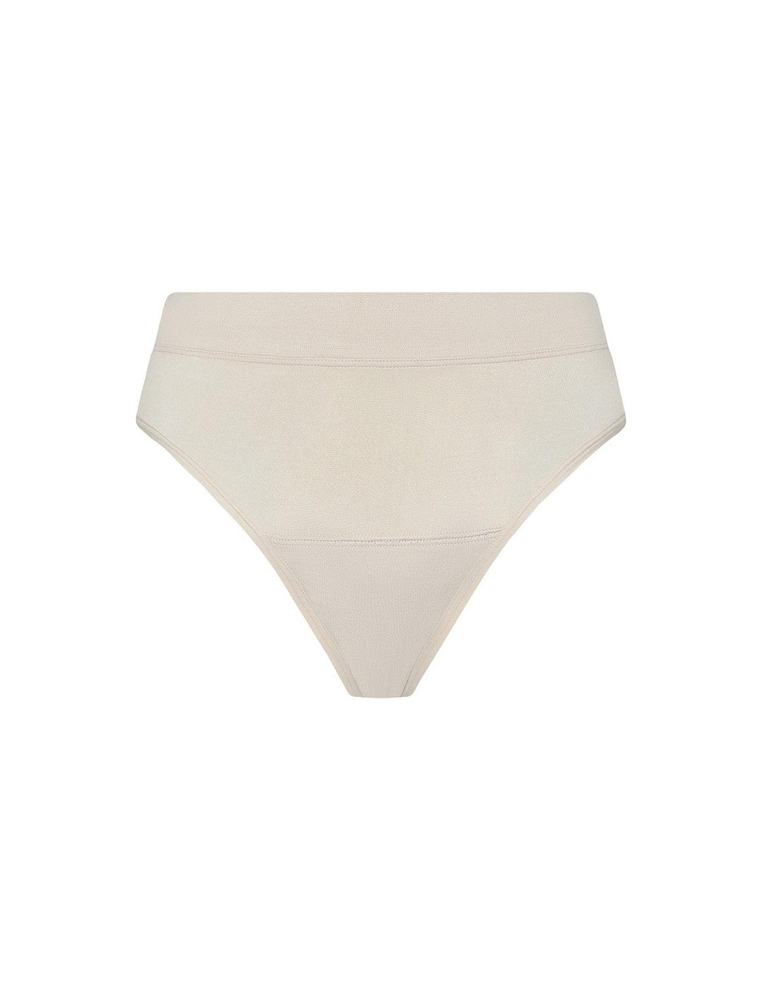 Light absorbency thong in beige, front view with mid-rise waist