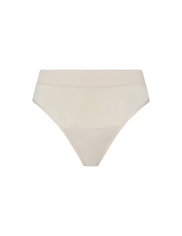 Light absorbency thong in beige, front view with mid-rise waist