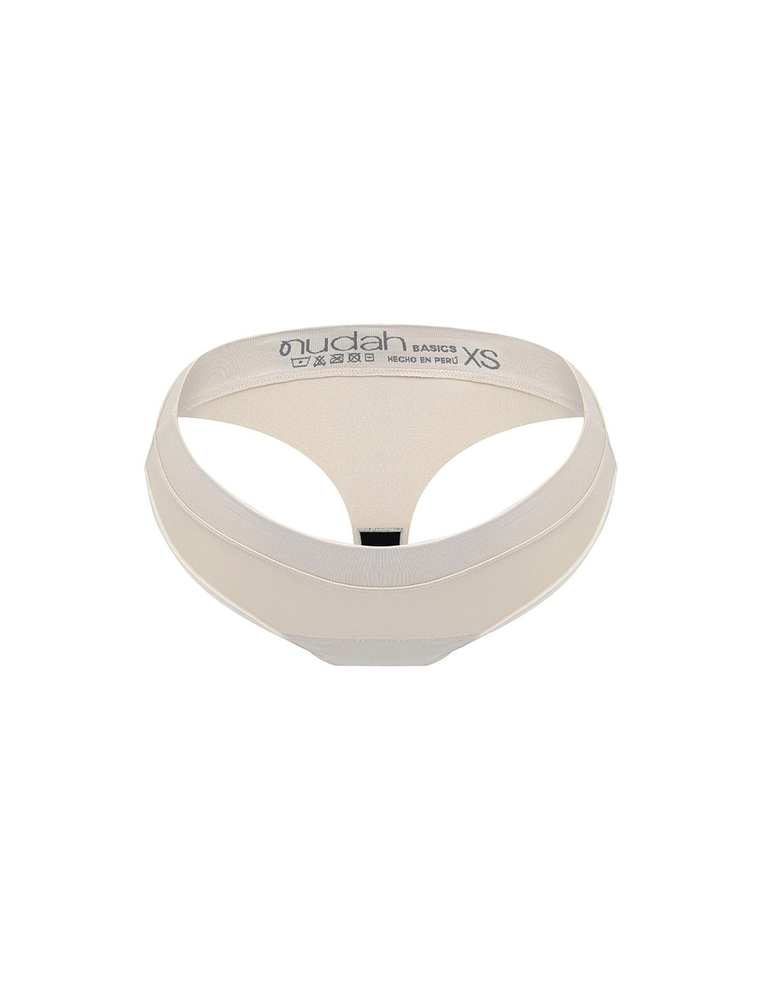 Light absorbency thong in beige, top view with size label
