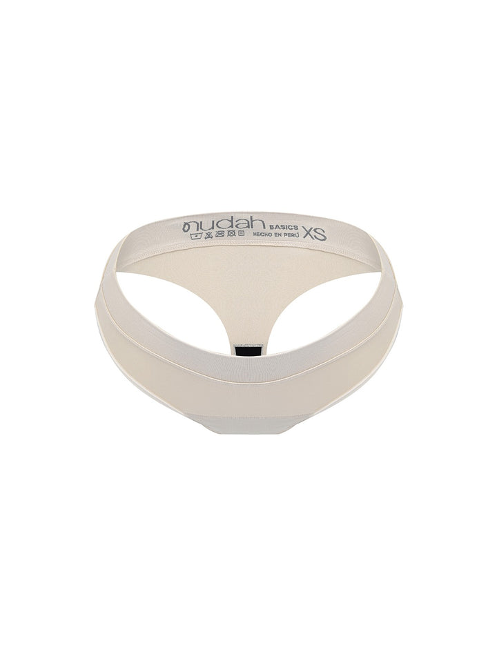 Light absorbency thong in beige, top view with size label