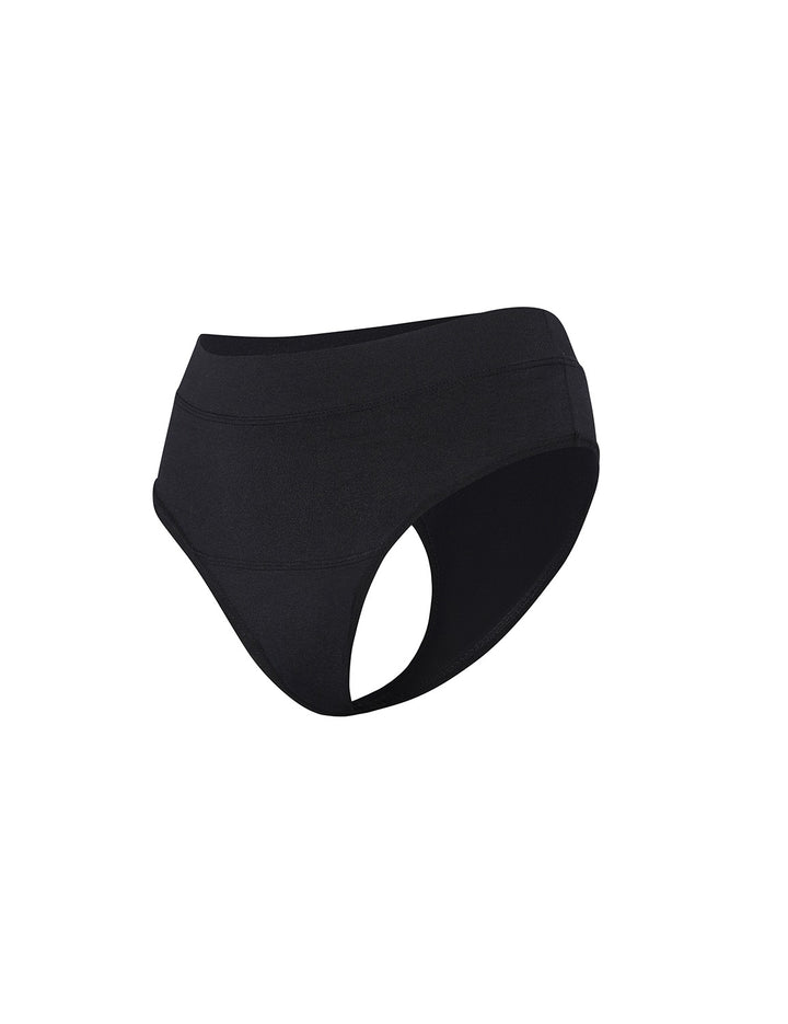 Light absorbency thong in black, angled view