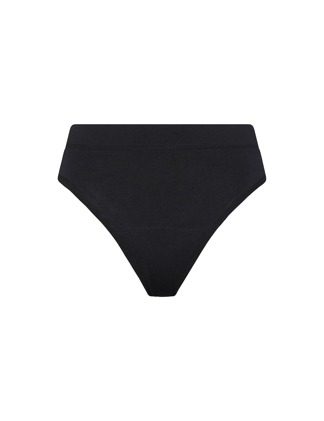 Light absorbency thong in black, front view with mid-rise waist