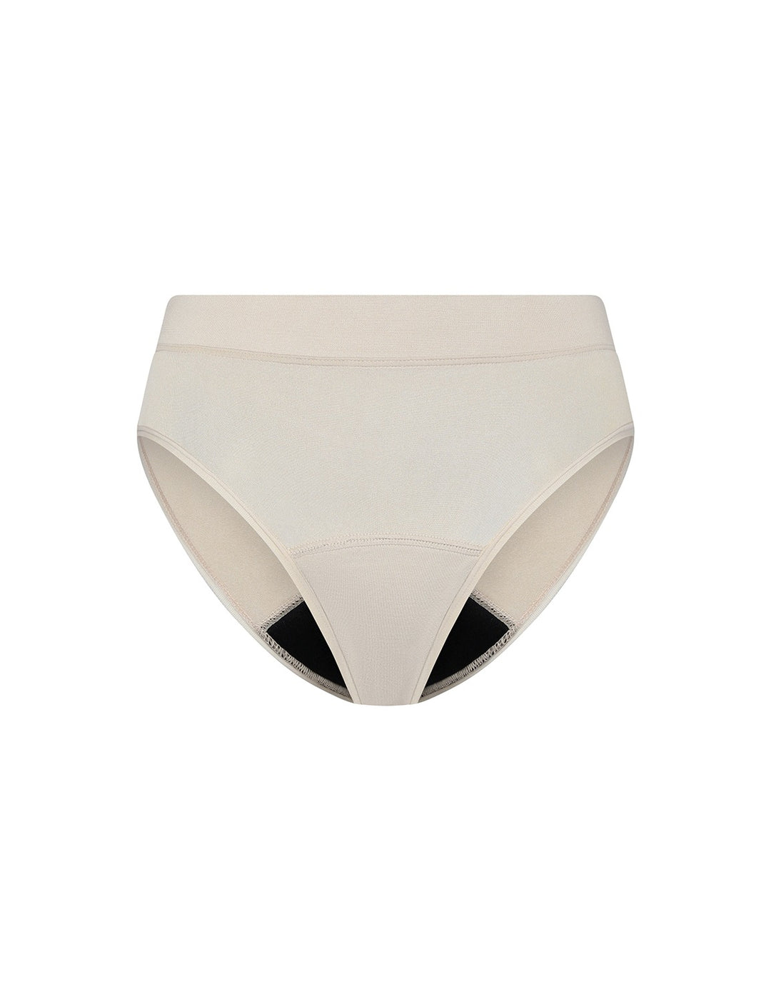 Moderate absorbency bikini in beige, front view with smooth waistband