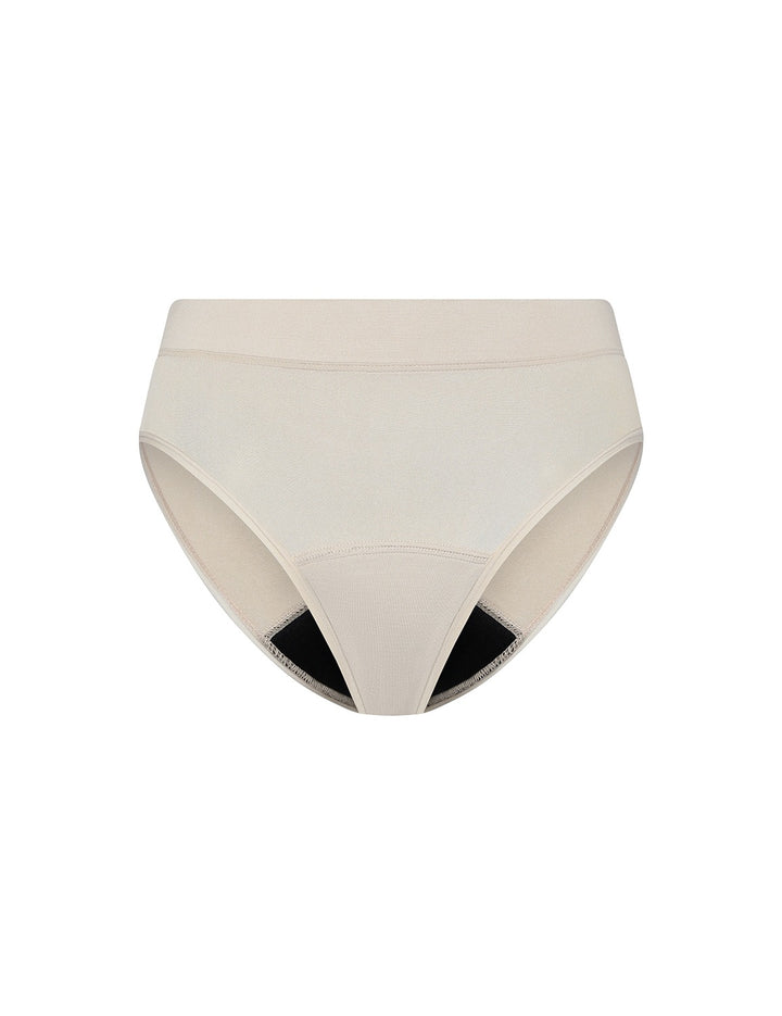 Moderate absorbency bikini in beige, front view with smooth waistband