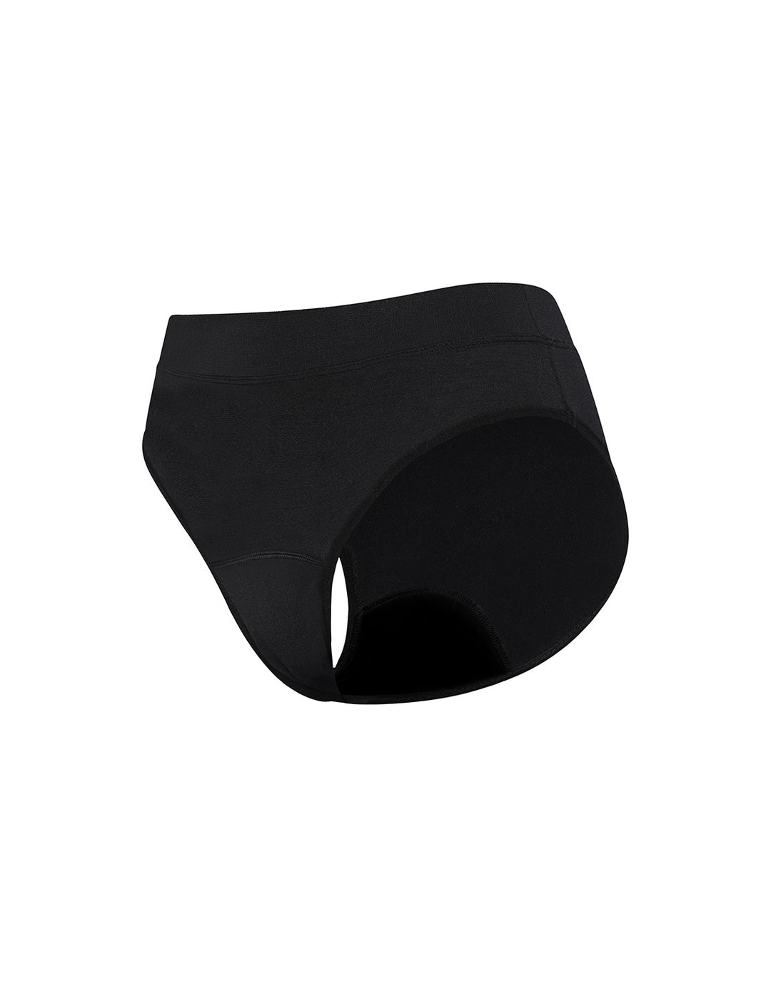 Moderate absorbency bikini in black, angled view with curved leg opening