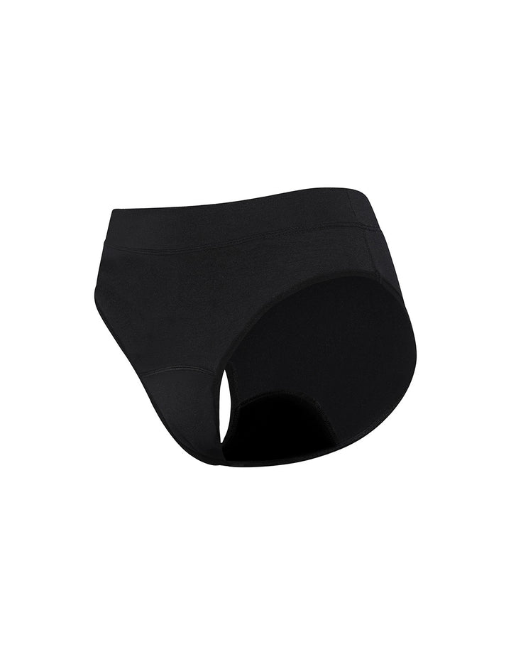 Moderate absorbency bikini in black, angled view with curved leg opening