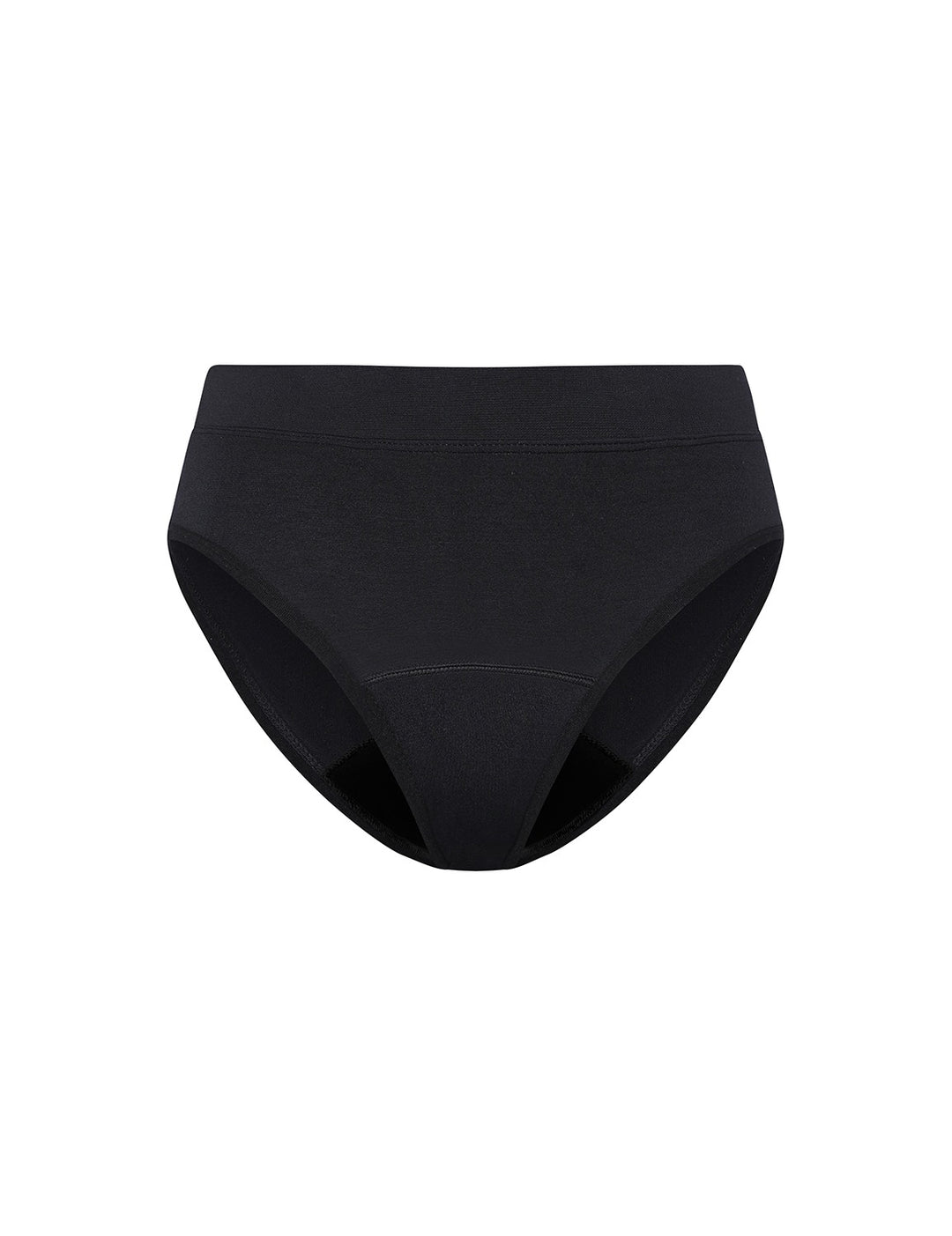 Moderate absorbency bikini in black, front view with smooth waistband