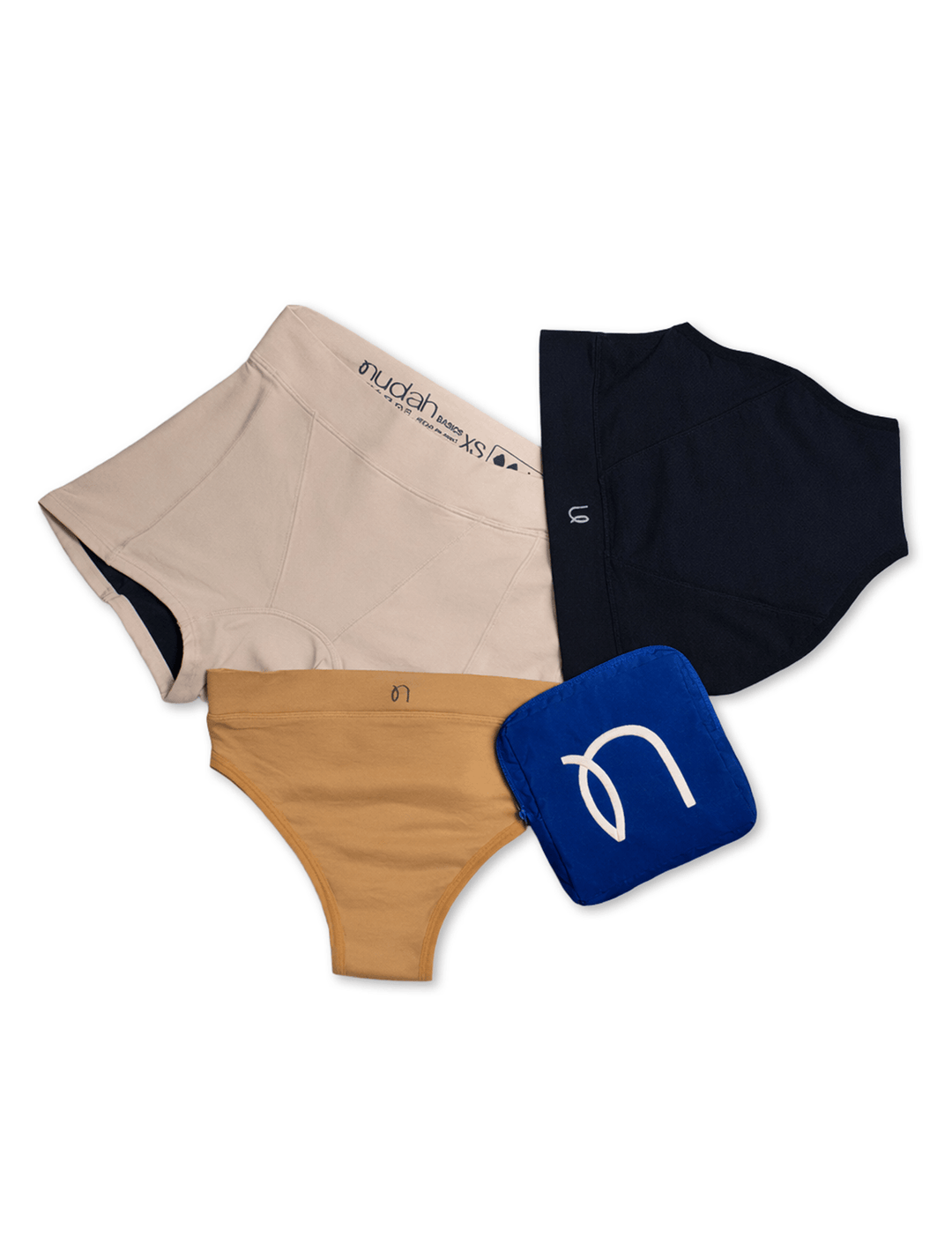 Reusable pouch with folded Nudah Basics absorbent underwear
