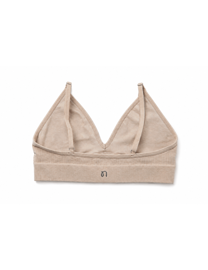 Beige triangle bralette with wide elastic underband and small front logo