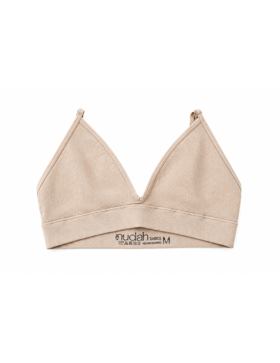 Beige triangle bralette with V-shaped cups and interior size label